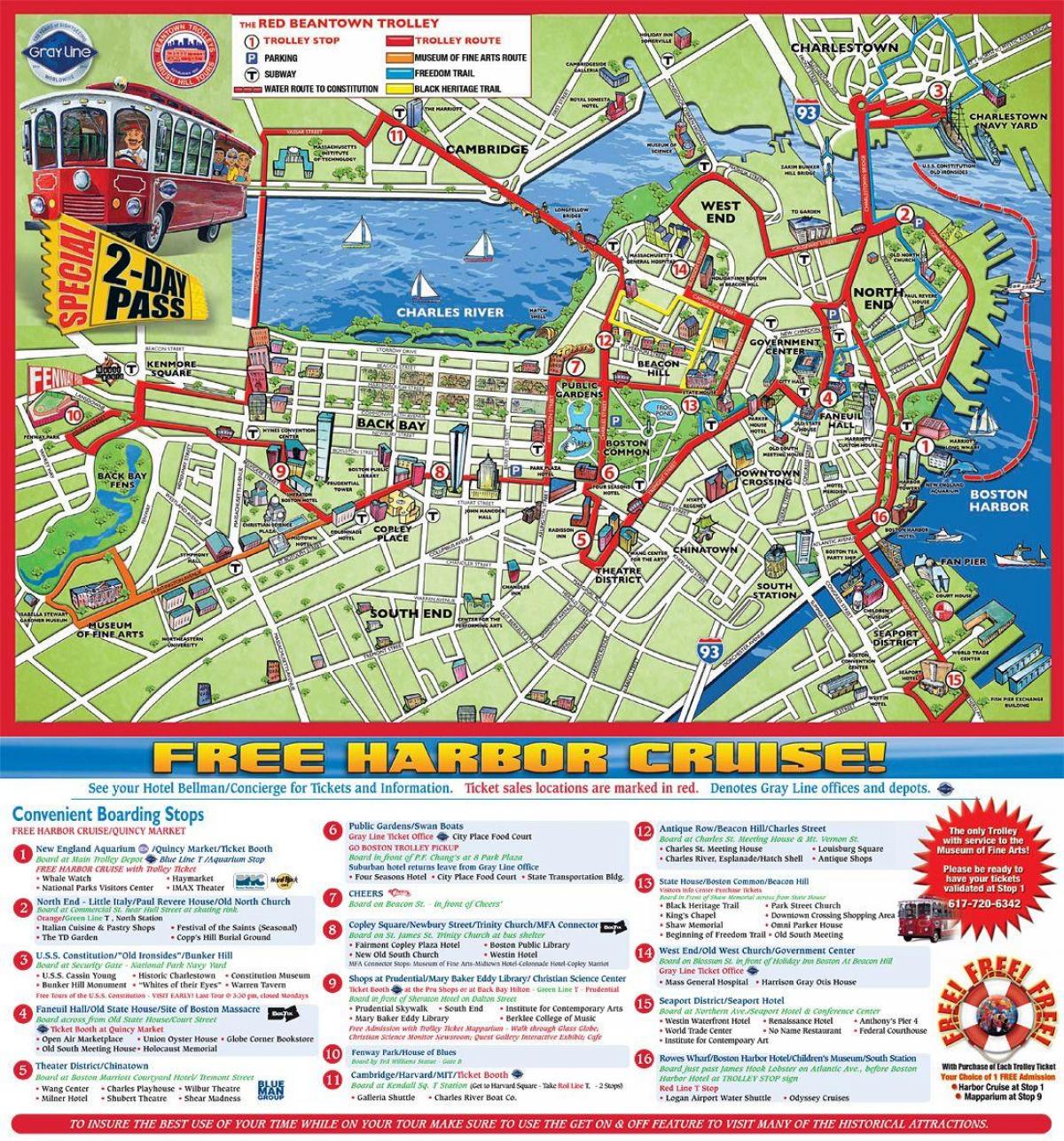 Boston Hop On Hop Off mapa wycieczek autobusowych